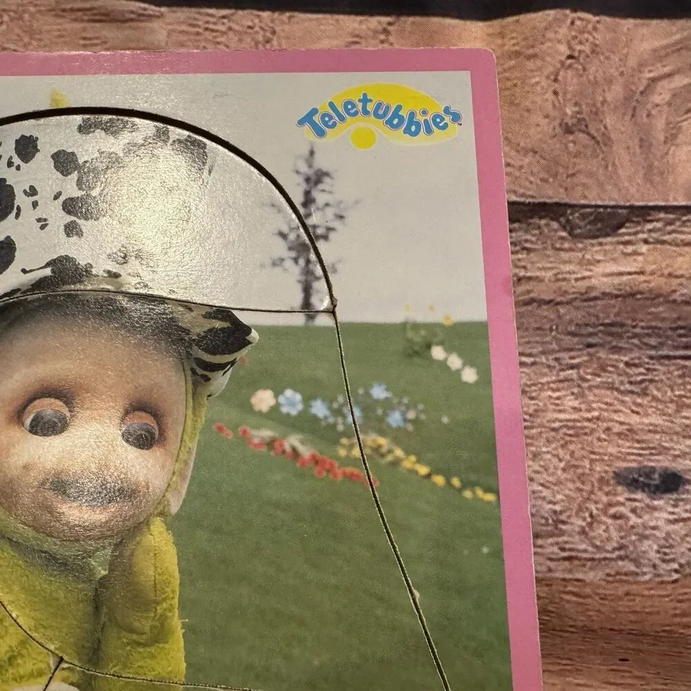 Vtg Playskool Teletubbies Green Dipsy Wooden Frame Tray 4pc  Puzzle 1998 Cow Hat